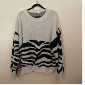 Zebra Fluffy Furry Striped Eyelash Crew Boho Chic Glam Shabby Sweater Pullover